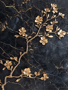 黑金大理石上的金色花枝