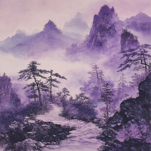 紫色梦幻山水间小道风景