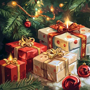 圣诞树下的精美礼物组合