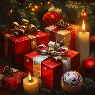 圣诞树下的精美礼物组合