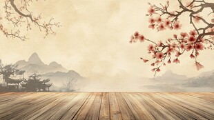 中式古风木板景配梅花山水