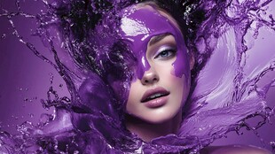 紫色液体中的梦幻美妆瞬间