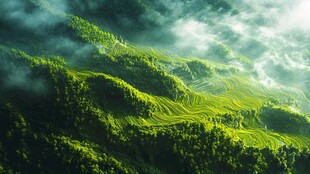 云雾缭绕的翠绿山峦风光