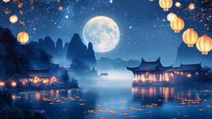 月夜湖畔古景 灯笼摇曳