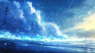 海浪翻涌下的电力设施景观