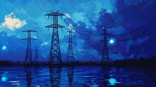 夜幕下的输电塔与水光