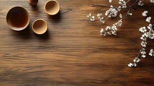 木质桌面上的茶具与花枝