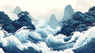 水墨山水间的汹涌浪潮