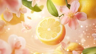 梦幻柠檬与粉嫩花朵图景