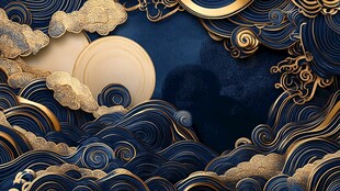 古风金蓝云海圆月图