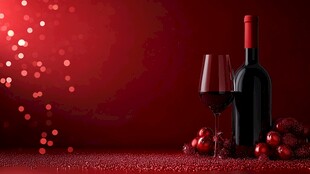 红色背景下的红酒与装饰