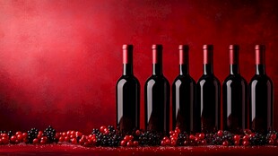 红背景下的美酒与浆果