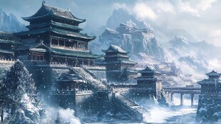 雪覆古风建筑群 山水相映