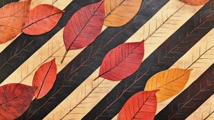 秋日条纹背景上的多彩叶片