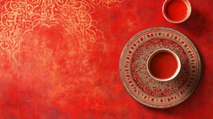 喜庆红底中式茶具装饰图