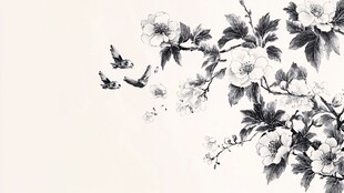 水墨花卉间双鸟飞舞图