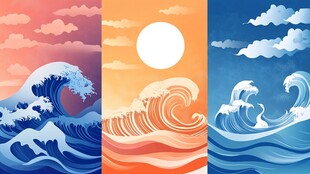 三联海洋波浪风景插画