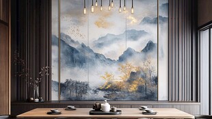 中式茶室山水壁画意境美