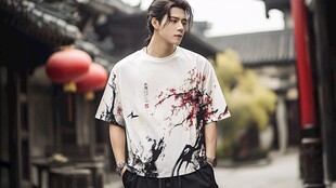 古风少年身着中式印花T恤