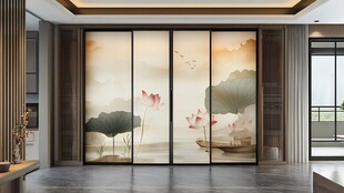 中式水墨风移门客厅景致