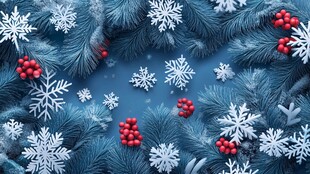 冬日松枝雪花红果装饰图