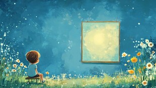 男孩静赏夜中发光画框