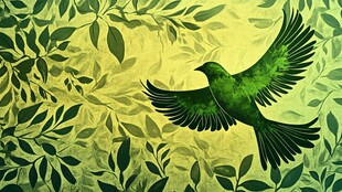 绿叶间展翅飞翔的绿鸟