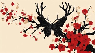 蝶栖繁花鹿角装饰画