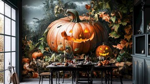 万圣节主题装饰的室内场景