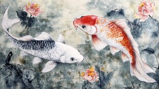 水墨双锦鲤戏荷间