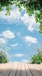 夏日木平台上的蓝天绿植