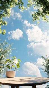 桌前绿植伴蓝天绿树