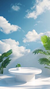 清新户外展示台与绿植蓝天