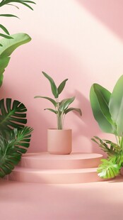 粉色空间中的绿植小景