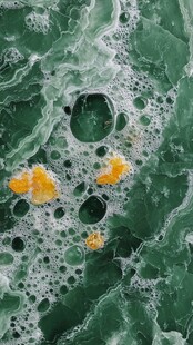 绿色泡沫中的黄色斑块