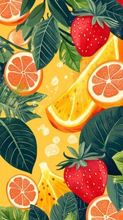水果插画 橙与草莓的盛宴
