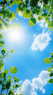 绿叶间的明媚蓝天与阳光