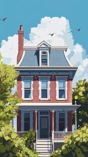 红砖别墅静立于绿树蓝天间