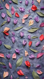 多彩郁金香花瓣与绿叶