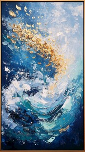 蓝色海洋金色鱼群抽象画