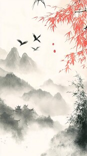 水墨山水间飞鸟红叶景致