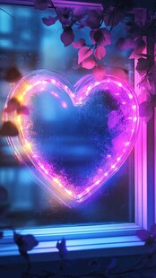 梦幻心形霓虹窗边景致