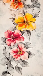 手绘多彩花卉与墨色叶片