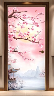 中式桃花山水门绘装饰画