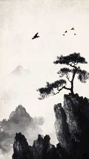 水墨孤松飞鸟山川图