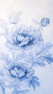 蓝线勾勒的优雅牡丹花