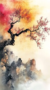 水墨绘就的绚烂花枝山水图