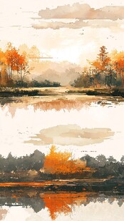 秋日湖畔水彩风景画