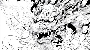 黑白龙首图腾线条艺术图