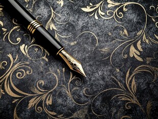 精致钢笔置于华丽花纹背景